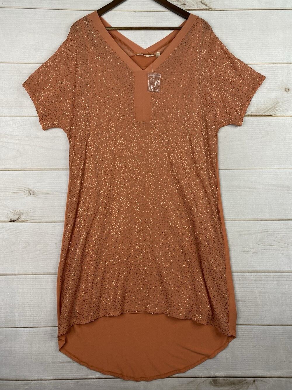 Soft Surroundings Dress Sz M Orange All Over Sequins V Neck Short Slv Stretch